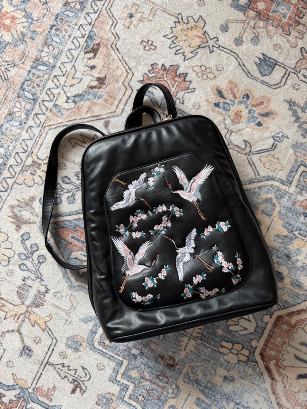 Black Embroidered Crane Backpack